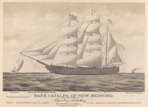 Bark Catalpa van New Bedford, politieboot, scheepsboot en Brits schip Georgette door E. N. Russell