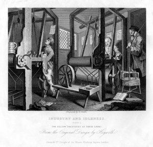 De mede-leerlingen aan hun weefgetouwen, plaat I van Industrie en IJver, 1833 door E. Smith