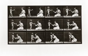 Kind dat een boeket aan een vrouw brengt, Plaat 465 uit Animal Locomotion, 1887 door Eadweard Muybridge