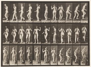 Omdraaien en trap oplopen, zwaaiende hand door Eadweard Muybridge