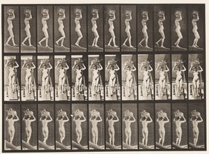 Plaat 123. Helling afdalen, 20-ponds mand op hoofd, handen omhoog, 1872-1885 door Eadweard Muybridge