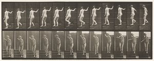 Plaat 132. Trappen afgaan, omkijken en zwaaien door Eadweard Muybridge