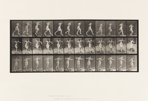 Plaat 175. Oversteken van de beek op stapstenen met visstok en blik door Eadweard Muybridge