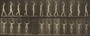Plaat nummer 34. Lopen en een mand van 15 pond op het hoofd dragen, handen omhoog door Eadweard Muybridge