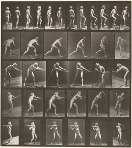 Plaat nummer 521. A: Lopen. B: Opstapje. C: Werpende schijf. D: Schop gebruiken. E, F. Pikhouweel gebruiken,1887 (foto) door Eadweard Muybridge