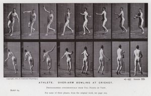 De menselijke figuur in beweging: Atleet, overarm bowlen bij cricket door Eadweard Muybridge