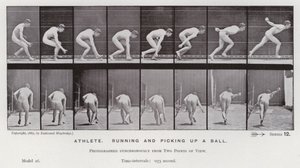 Het menselijk lichaam in beweging: Atleet, rent en pakt een bal op (zwart-wit foto) door Eadweard Muybridge