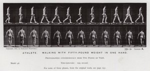 De menselijke figuur in beweging: Atleet, wandelend met vijftig pond gewicht in één hand door Eadweard Muybridge