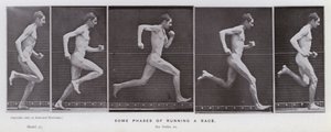 Het menselijk lichaam in beweging: Enkele fasen van het rennen voor een race (zwart-wit foto) door Eadweard Muybridge