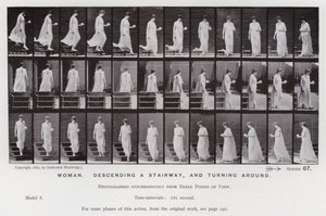 De menselijke figuur in beweging: Vrouw, trap aflopen en draaien door Eadweard Muybridge