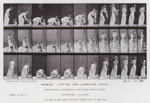 Het menselijk lichaam in beweging: Vrouw, tilt en draagt een kind (zwart-wit foto) door Eadweard Muybridge