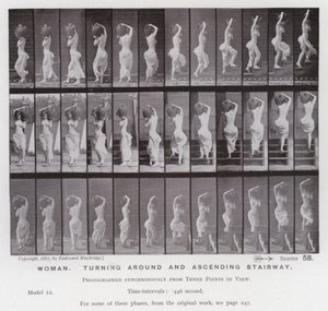 De menselijke figuur in beweging: Vrouw, draaien en trap oplopen door Eadweard Muybridge