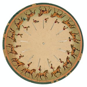 Zoopraxiscope-schijf met een acrobaat die een salto maakt op een paard, 1893 door Eadweard Muybridge
