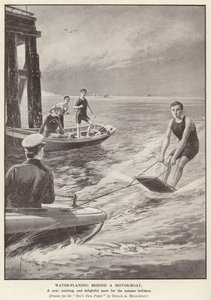 Watervliegtuig achter een motorboot door Edgar Alfred (after) Holloway