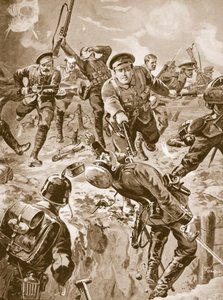 Korporaal J. Davies en acht mannen verdrijven met de bajonet een groep Duitsers die hen eerder hadden omsingeld (litho) door Edgar Alfred Holloway