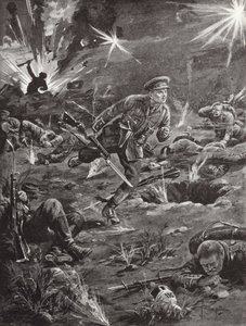 Luitenant Benjamin Geary haast zich, onder zwaar artillerievuur, naar een loopgraaf aan de rechterkant van Hill 60 om contact te maken met een officier, Ieper, België, april 1915 door Edgar Alfred Holloway