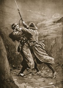 Soldaat Lavin die worstelt met een Turkse bommenwerper in een Britse loopgraaf bij Suvla Bay, Gallipoli door Edgar Alfred Holloway