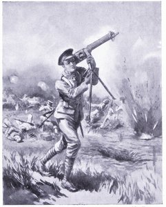 Private Lynn die een machinegeweer wegdraagt voor reparatie onder zwaar vuur bij de Slag om Aisne. Toegekend DCM 1915 door Edgar Alfred Holloway