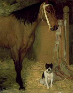 Bij de stal, paard en hond door Edgar Degas