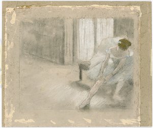Zittende danseres die haar kous aanpast door Edgar Degas