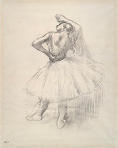 Staande danseres, rechterarm omhoog door Edgar Degas