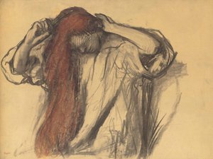 Vrouw die haar haar in model brengt door Edgar Degas