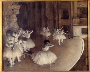 Repetitie van een ballet op het podium (schilderij) (1874) door Edgar Degas