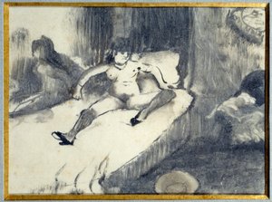 Rust op het bed Een prostituee rustend op haar bed in een bordeel door Edgar Degas