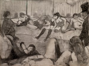 De Salon. 1879. Monotype met zwarte inkt, pastelversterking. door Edgar Degas