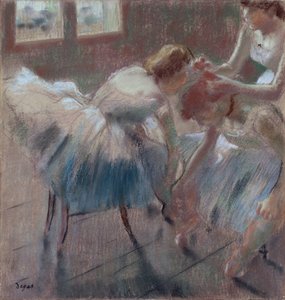Drie Dansers die zich Voorbereiden op de Les door Edgar Degas