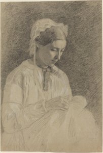 Vrouw aan het borduren, 1855-1860 door Edgar Degas