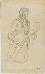 Jonge vrouw die mandoline speelt, studie voor portret van Mlle. Fiocre in het ballet "La Source" door Edgar Degas