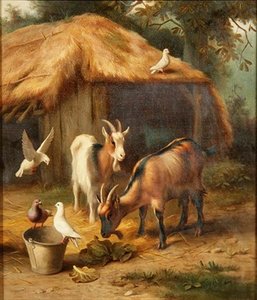 Geiten en duiven in een boerenerf door Edgar Hunt