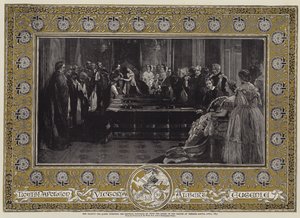 Hare Majesteit de Koningin investeert de Keizer Napoleon III met de Orde van de Kousenband in Windsor Castle, april 1855 door Edgar Melville Ward