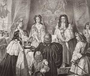De kroon aangeboden aan Willem en Mary door de Heren en Gemeenten in Whitehall, 12 februari 1689, uit `Illustrations of English and Scottish History