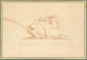 Water spuwende dolfijn naar links met een amorette door Edmé Bouchardon