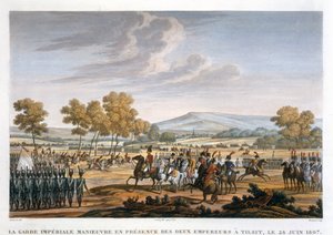 De Keizerlijke Garde manoeuvreert in aanwezigheid van de twee keizers in Tilsit, 28 juni 1807