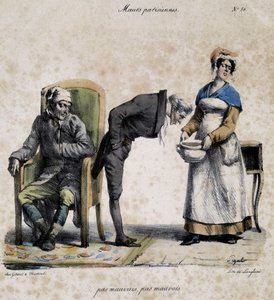 Zieke, dokter kijkt in de pot en bediende. Cartoon van Parijse zeden door Pigal (19e eeuw), bewaard in het Musée Dobree in Nantes.