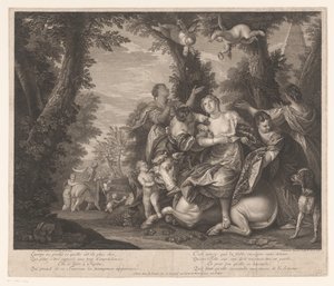 Europa en Jupiter in een landschap met bomen door Edme Jeaurat