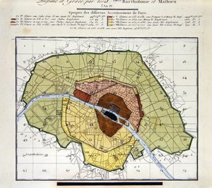 (detail) Atlas du Plan General de la Ville de Paris, toont de verschillende toevoegingen door de geschiedenis heen aan de stad door Edme Verniquet