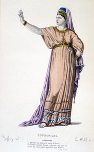 Het personage van Sophonisbe in de tragedie Sophonisbe - Volledig Theater: (Collectie van toneelstukken van Corneille) tekening door Geffroy, gravure door L. Wolff - ed. Laplace, Sanchez et Cie, Parijs 1884 door Edmond Aime Florentin Geffroy