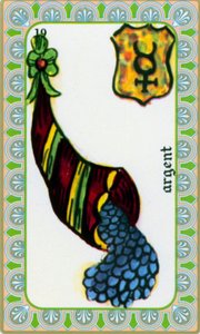 tarot door magus Belline getekend door Edmond Billaudot c. 1845 en gegeven aan helderziende Belline voor heruitgave: kaart van het geld: munten in een hoorn des overvloeds door Edmond Billaudot