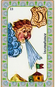 tarot door magus Belline getekend door Edmond Billaudot ca. 1845 en gegeven aan helderziende Belline voor heruitgave: kaart van de wispelturigheid: wind waait door Edmond Billaudot