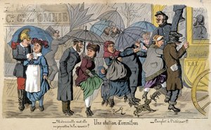 Een omnibusstation in de regen - humoristische tekening door Lavrate, circa 1880