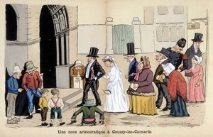 Cartoon over de Franse samenleving door Lavrate: een aristocratische bruiloft in Coussy les Cornards. 1880