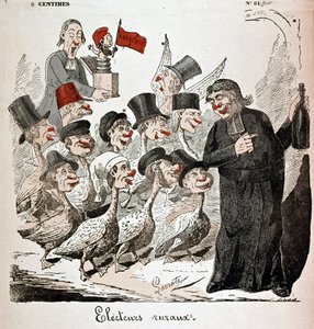 Plattelandskiezers: kiezers afgebeeld als ganzen en aangetrokken door een priester met alcohol - tekening door Lavrate