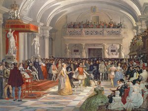 Het huwelijk van Henri de Bourbon, koning van Navarra, met Marguerite de Valois in aanwezigheid van Catherine de Medici en Charles IX in 1572, 1862 door Edmond Lechevallier Chevignard