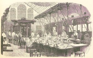 Zilversmeden aan het werk in de Christophle bestekfabriek in Parijs, 1875. door Edmond Morin