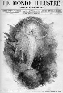 De koningin van vandaag: allegorie van elektriciteit als een vrouw die de wereld domineert, gemaakt op de Elektriciteitstentoonstelling in 1881. Gravure door Edmond Morin. Een van 