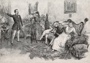 Twee vrouwen en twee kinderen bang gemaakt door intimiderende man, gravure uit illustratie door Edoardo Matania voor het boek Militaire Leven in Italië door Edmondo De Amicis (1846-1908), uit L